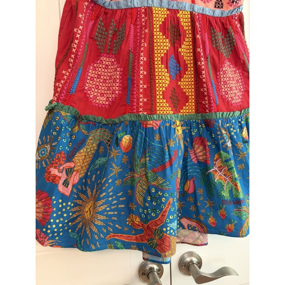 Farm Rio Embroidered Multicolor Block Cross-Stitch Tiered Cotton Minidress Sz M - Picture 5 of 14